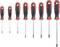 A set of seven screwdrivers of varying sizes, arranged from small to large, with black handles and red accents.