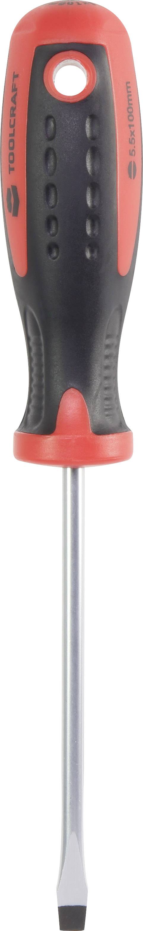 Screwdriver with red and black handle, flat tip, recess at the top for hanging, suitable for general repair work.