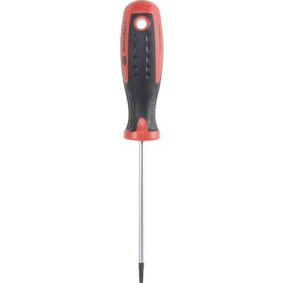 A red and black screwdriver with an ergonomic handle and a slender metal tip.