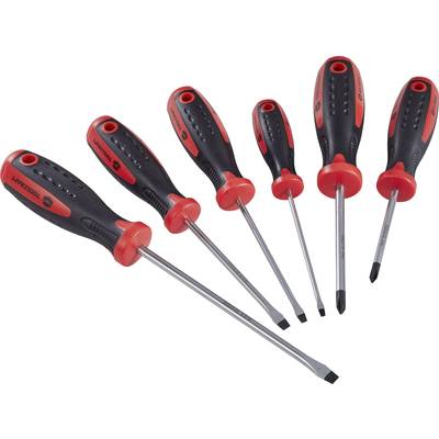 Six screwdrivers with red and black handles in various sizes, including slotted and Phillips head types.
