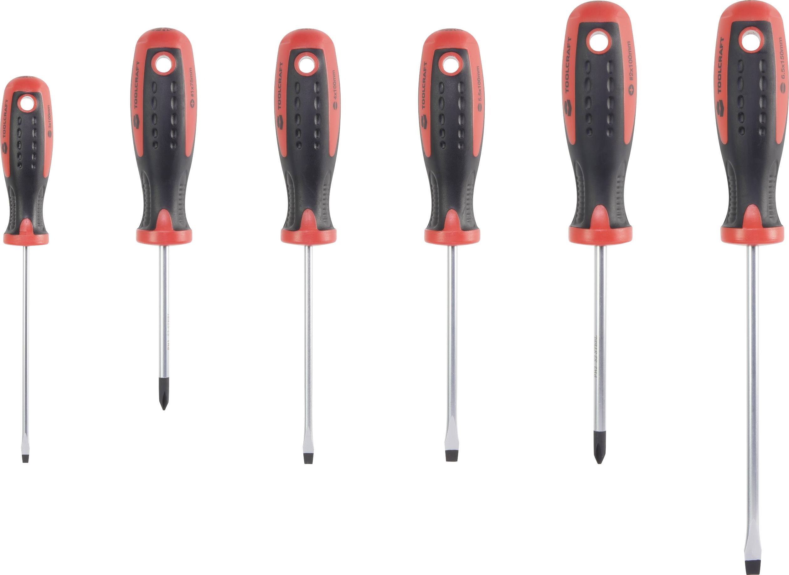 Six screwdrivers with black handles and red details in various sizes, lined up from left to right.