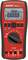 Digital multimeter Benning MM 12 with a red casing. The display shows various measurement values and symbols. Rotary switch and buttons for functions.