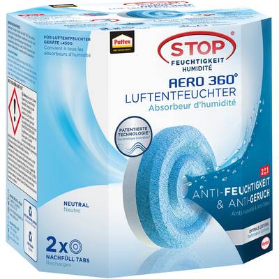 Packaging for a dehumidifier with two blue refill tabs. Product name 'Stop Moisture Aero 360°'.