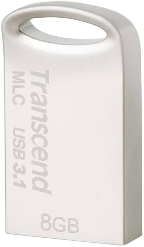 Transcend USB stick, USB 3.1, MLC memory, 8GB capacity, silver metal casing, curved design with attachment hole.