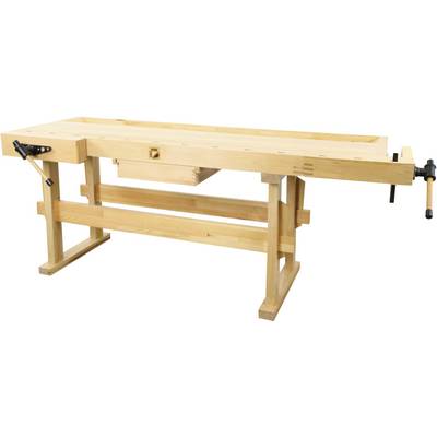 A robust wooden workbench with clamping devices at both ends, suitable for woodworking and workshop projects.