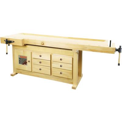 Wooden workbench with six drawers and two side clamping devices. Rectangular shape and robust construction.