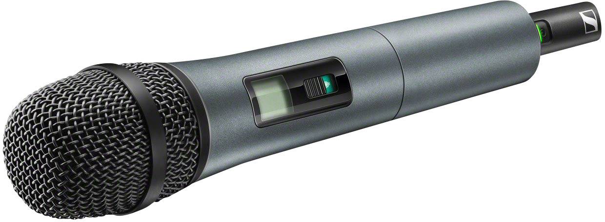 A wireless microphone with a digital display in the centre. It is silver-coloured and used for audio recordings.