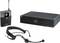 A wireless audio set with receiver, headset microphone, and transmitter. Ideal for presentations or stage performances.