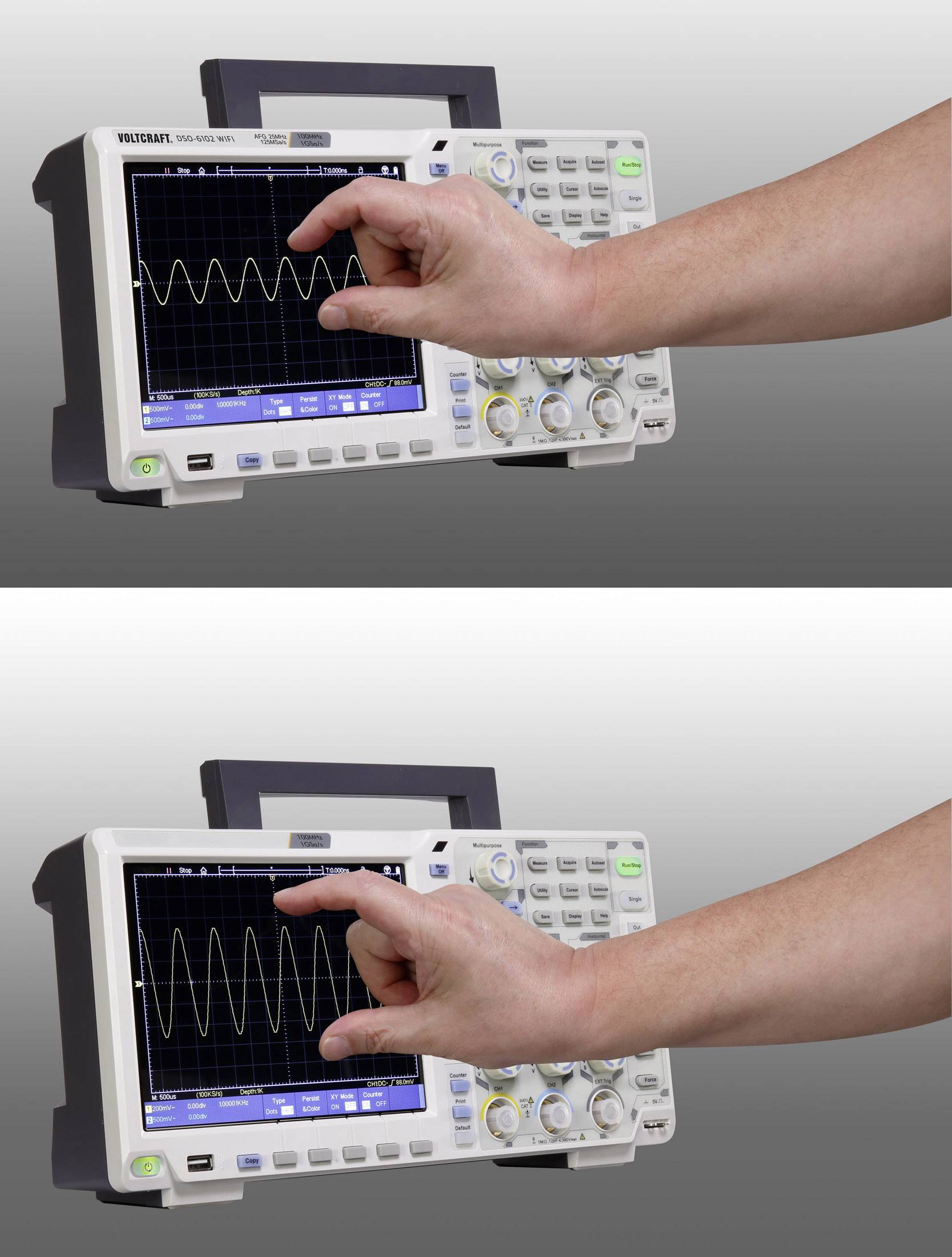 A hand is operating an oscilloscope, displaying a waveform to measure or analyse its amplitude.