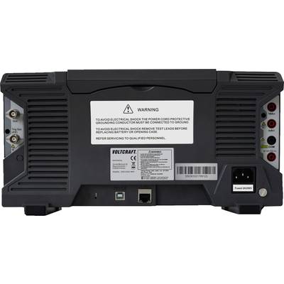 Rear view of an electronic device with multiple ports. Safety warning about electrical safety and servicing.
