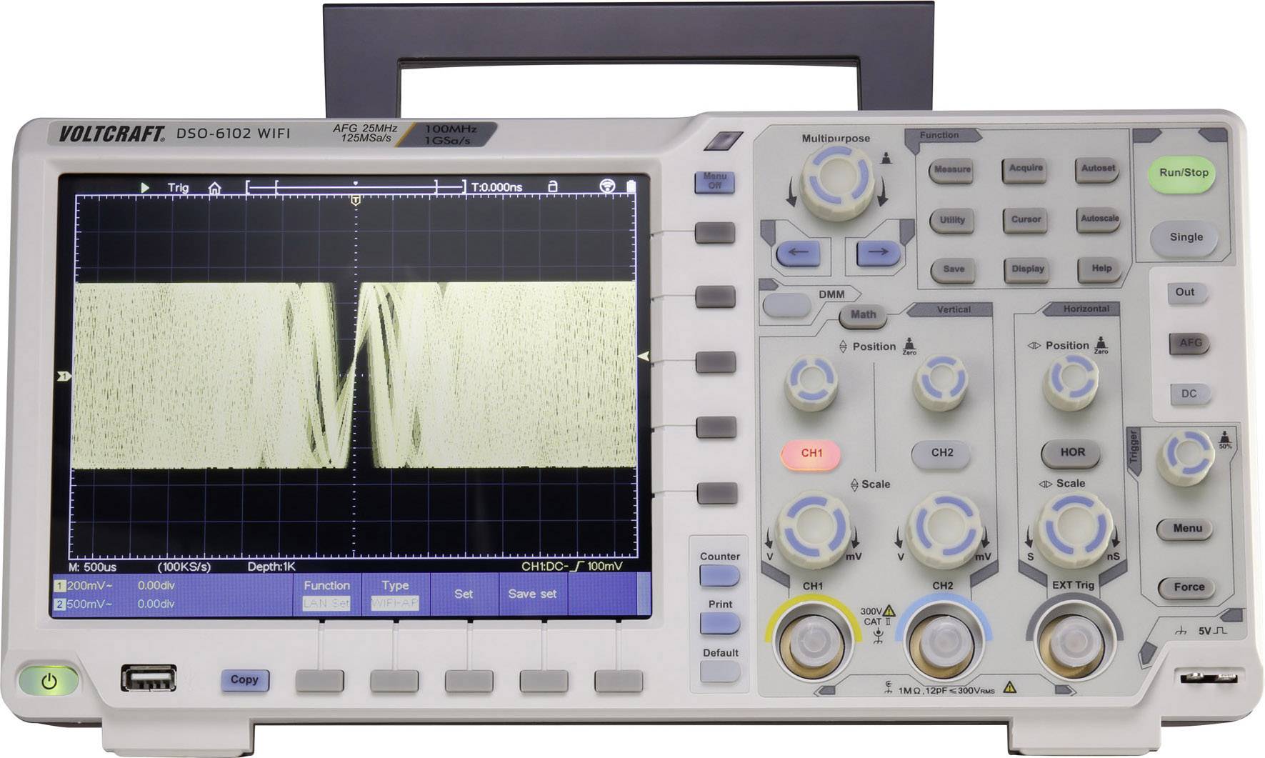 A digital oscilloscope with a screen displaying a waveform. Control and adjustment buttons are located on the right side.