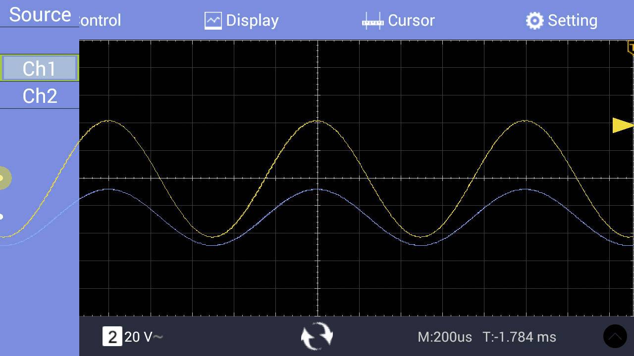 'Oscilloscope shows two sine waves with different amplitudes on channels 1 and 2, blue and yellow lines, on a grid diagram.'