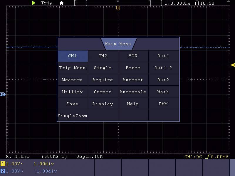 Main screen of an oscilloscope with a menu showing options such as 'Trig Menu', 'Measure', 'Utility', 'Autoscale' and 'Help'.