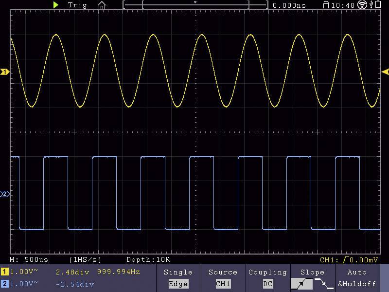 'Oscilloscope display shows two waveforms: yellow sine curve at the top, blue square wave at the bottom, both at approximately 1 kHz.'