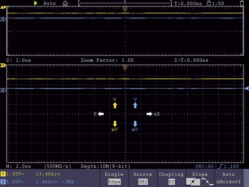 Oscilloscope display with two diagrams; upper curve shows yellow and blue signals, lower zoom view with 'V' and 'mV' arrows.