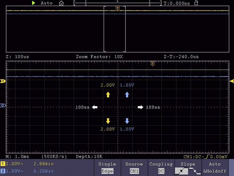 'Oscilloscope display shows two signals: Yellow and Blue. Yellow signal has peak value of 2.88 div, blue signal has peak value of 0.20 div. Time base 100 µs/Div.'
