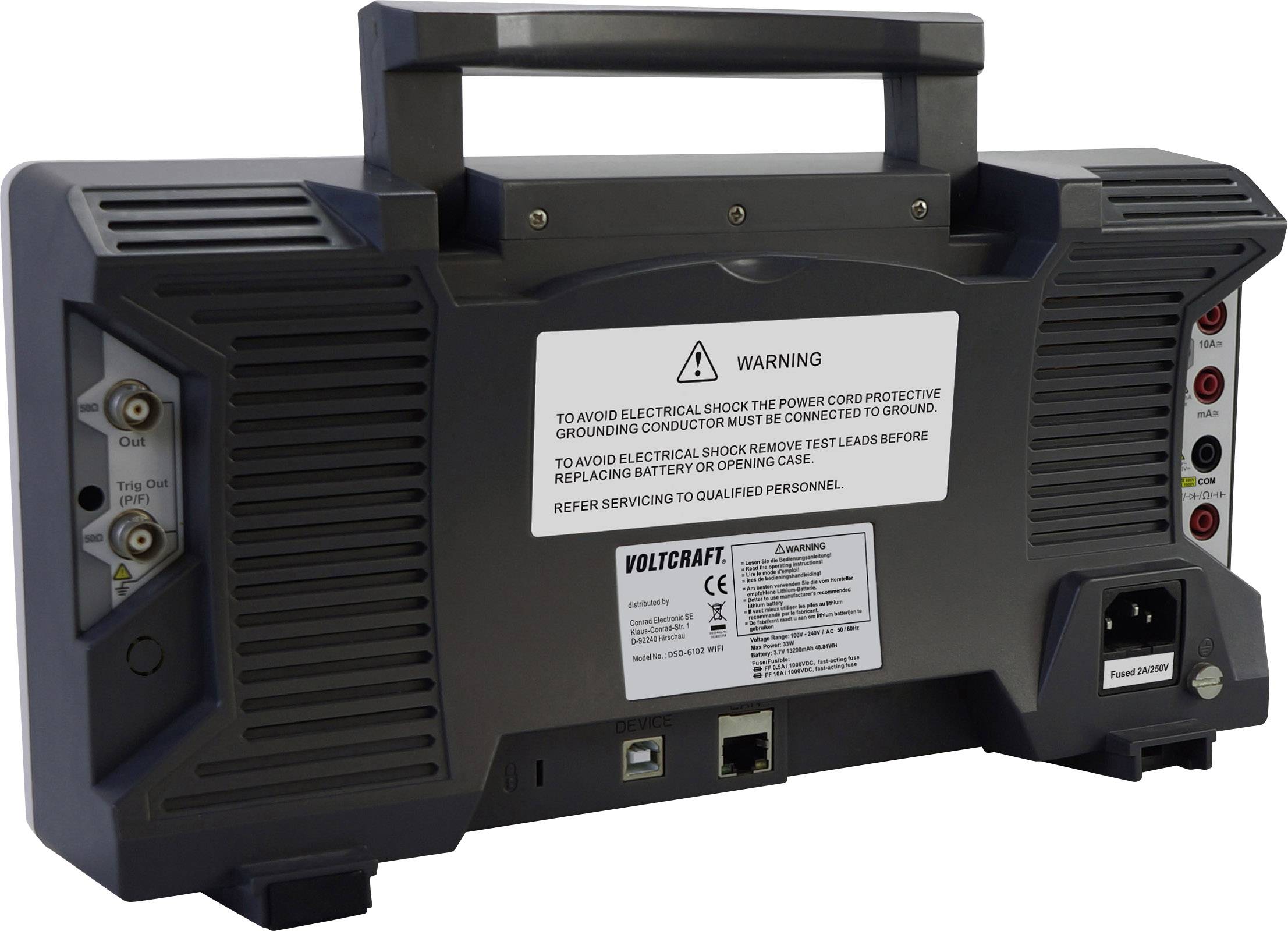 Back panel of a portable measuring device with connection sockets, power switch, and electrical safety warning labels.