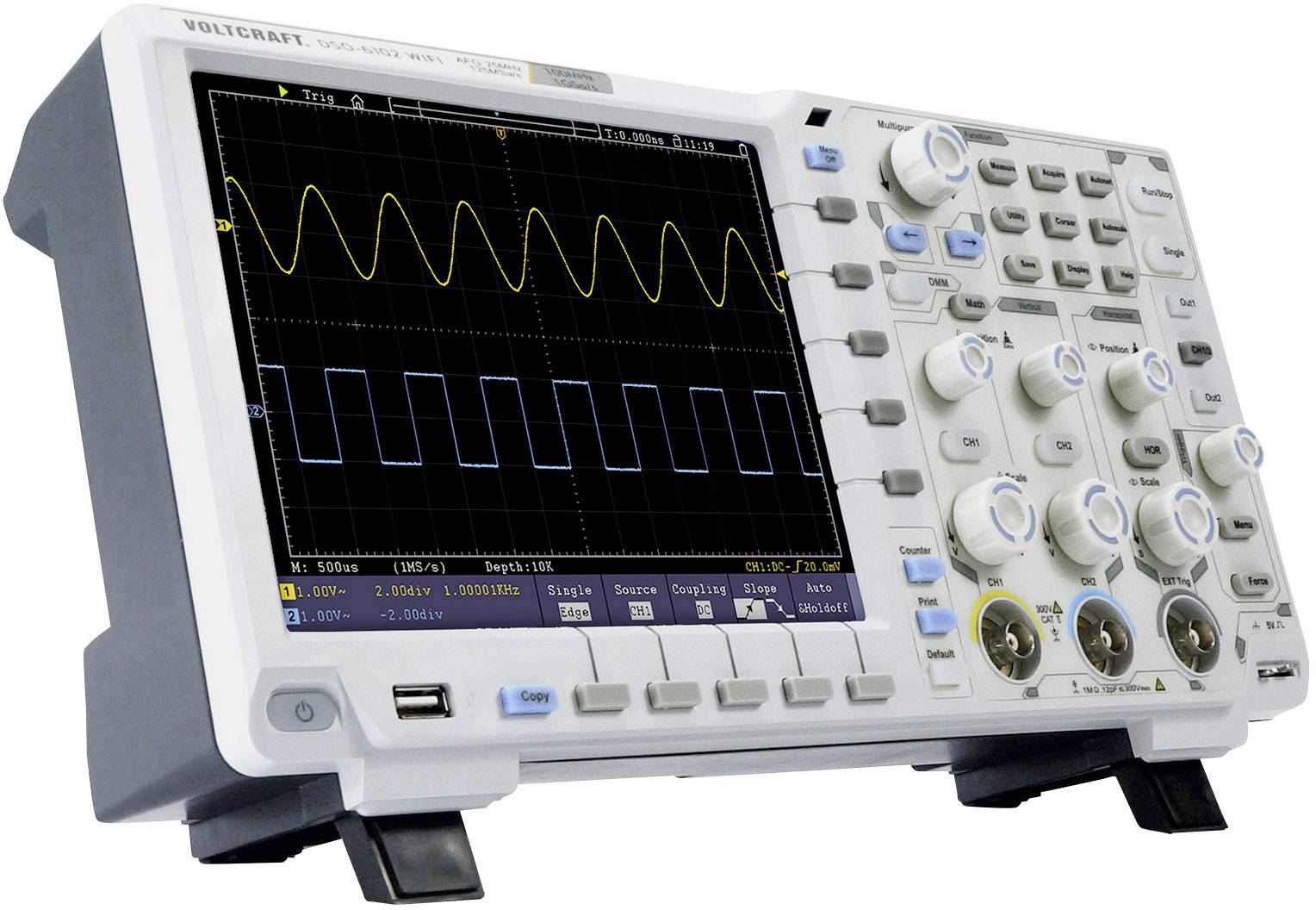 An oscilloscope displays two overlaid signal curves on the screen, one sinusoidal, the other rectangular. Device buttons are positioned on the right.