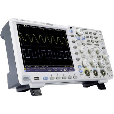 An oscilloscope displays two overlaid signal curves on the screen, one sinusoidal, the other rectangular. Device buttons are positioned on the right.