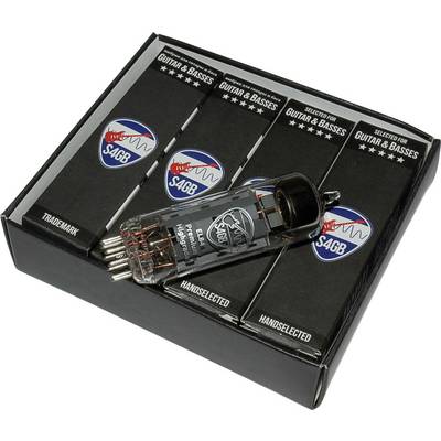 'Pack of six S4GB guitar valves, each with logo and inscription "Handselected for Guitar & Basses". One valve displayed at the front.'