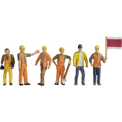 Miniature construction workers in safety clothing, some wearing hard hats and carrying tools, stand in a line. One of them raises a red flag.