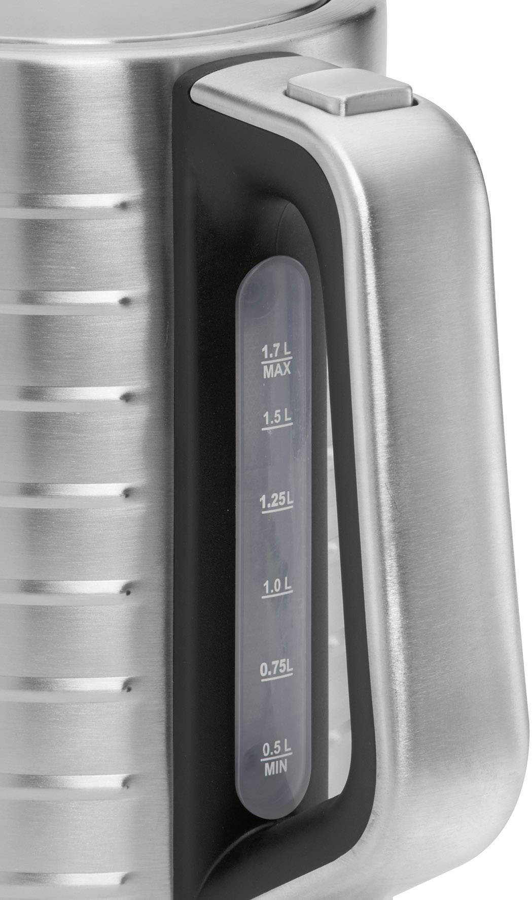 A silver kettle with a side water level indicator that reaches up to 1.7 litres.