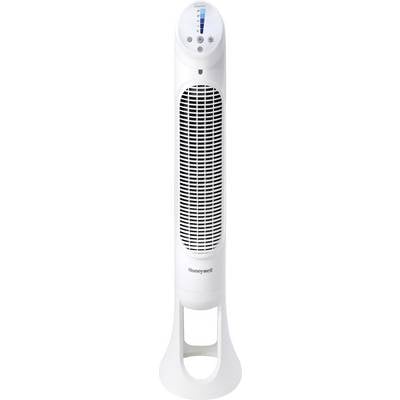 A white, slender pedestal fan with vertical air outlet, control buttons, and brand name on the front.