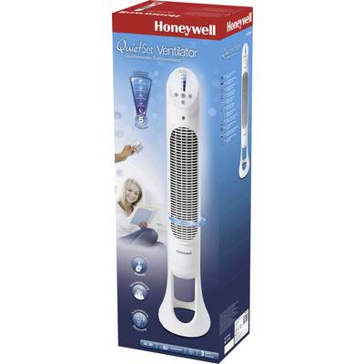 Packaging of a Honeywell QuietSet Tower Fan. Displays the fan and features such as quiet setting and remote control.