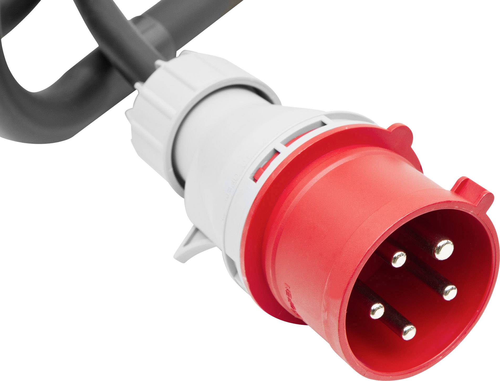 A red, round power plug with five metal pins protrudes from a black cable. Ideal for industrial sockets.