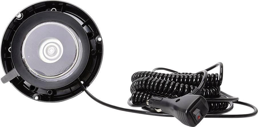 A round, black car heater fan with a spiral-shaped cable and a plug for the cigarette lighter. Ideal for travelling.