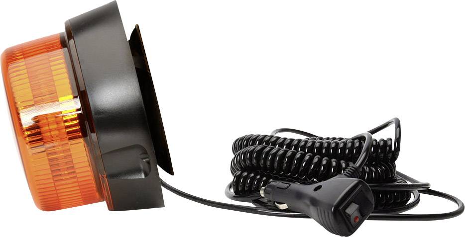 An orange warning light with a black base and spiral cable, connected to a vehicle plug, for vehicle mounting.