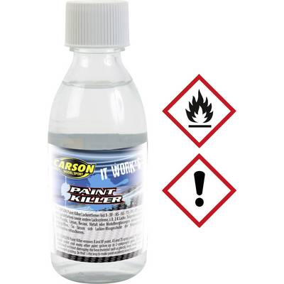 Bottle of solvent 'Carson Paint Killer', alongside hazard symbols for flammable and irritant substances.