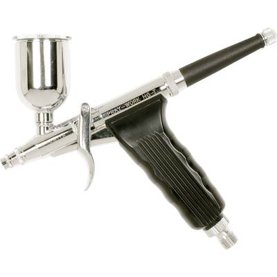 A silver airbrush with a black handle. It has a trigger and a small metal container for paint.
