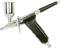 A silver airbrush with a black handle. It has a trigger and a small metal container for paint.