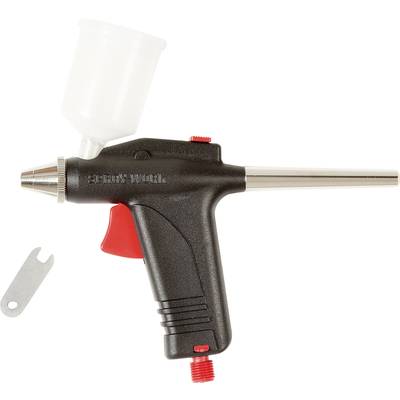 Black airbrush gun with white paint reservoir and red trigger, alongside a small silver tool.