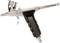 Silver airbrush gun with a black handle. The upper container is used for holding paint. Tool for fine paint application.
