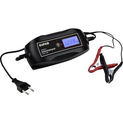 A black battery charger with a digital display shows '12.8V'. Two terminals, red and black, are attached to cables.