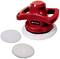 A red Einhell polishing machine with two white polishing pads, one lying flat and one already attached.