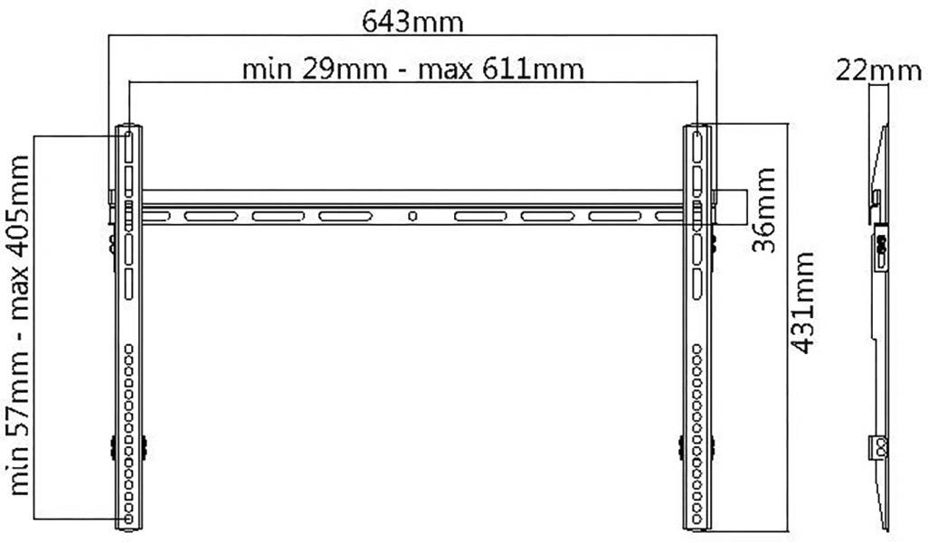 Diagram shows wall mounting dimensions: width 643mm, height 431mm. Minimum distance from wall 29mm, maximum 611mm.