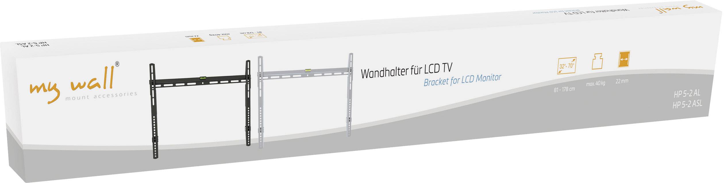 Packaging for a TV wall mount with an image of the product, brand name 'my wall' and indication 'Mono mount for LCD TV'. Suitable for 32''-55'' screens.