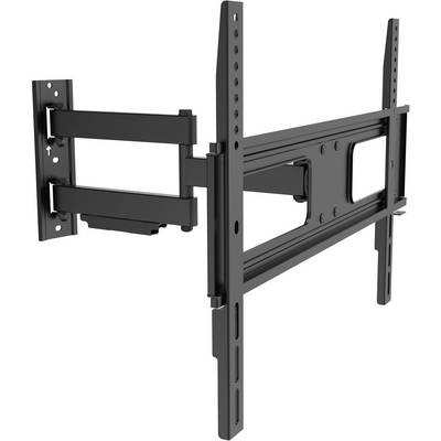 Black, adjustable TV wall mount with articulating arms and mounting holes, suitable for various television sizes.