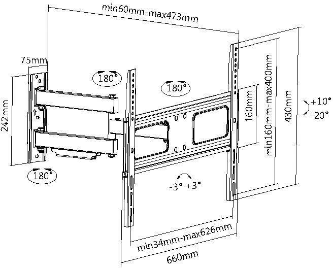 Technical drawing of a TV wall mount with an adjustable swivel range of 180°, tilt from +10° to -20°, length and width specified.