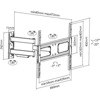 Technical drawing of a TV wall mount with an adjustable swivel range of 180°, tilt from +10° to -20°, length and width specified.