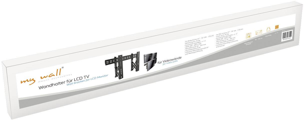 Packaging of a 'my wall' wall mount for LCD TV, showing mounting examples and describing the characteristics of the bracket for flat-screen televisions.
