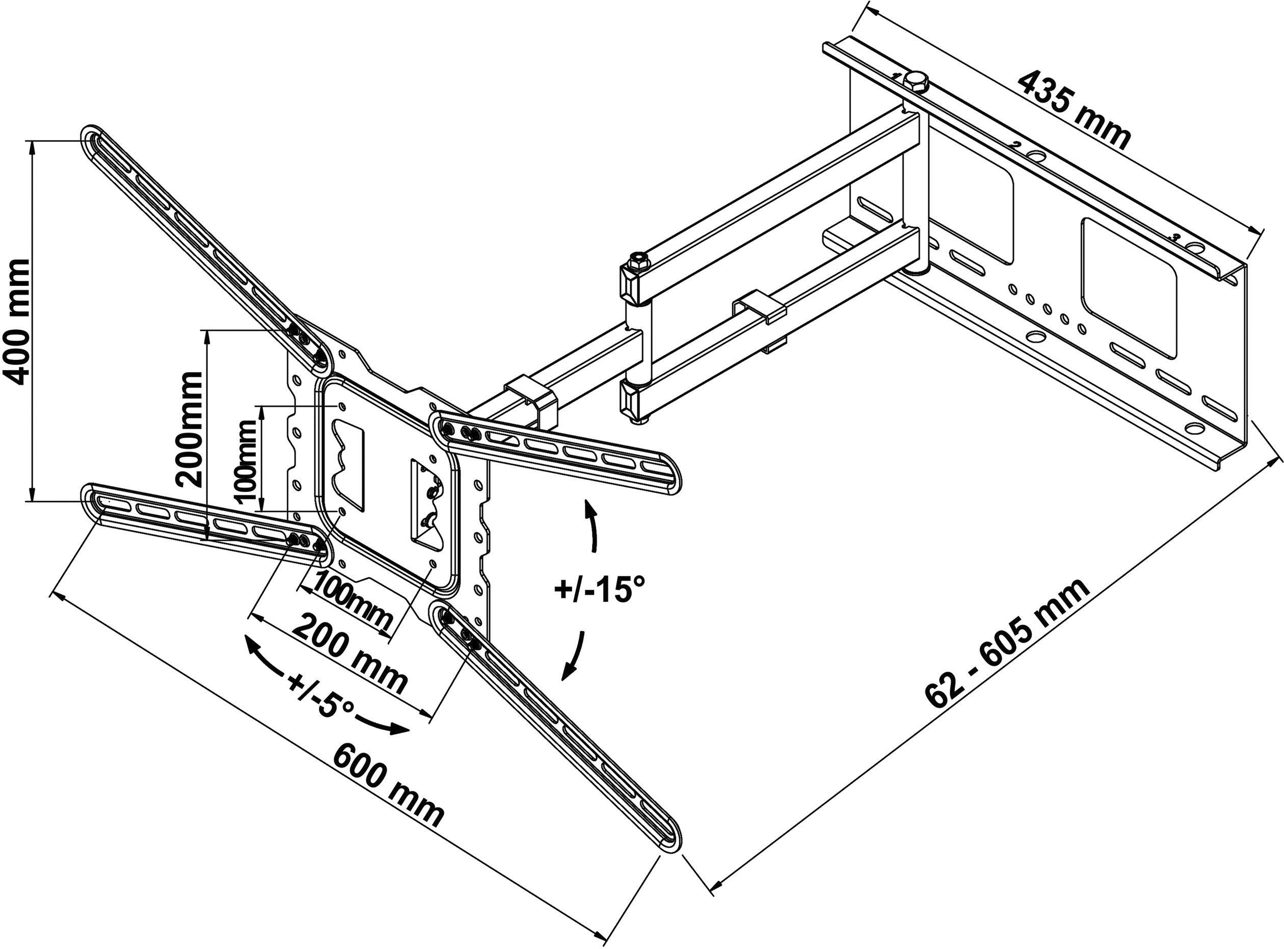 Wall mount for TV, showing dimensions: 435 mm length, 400 mm height, extendable 62-605 mm, with tilt angle of +/-15°.