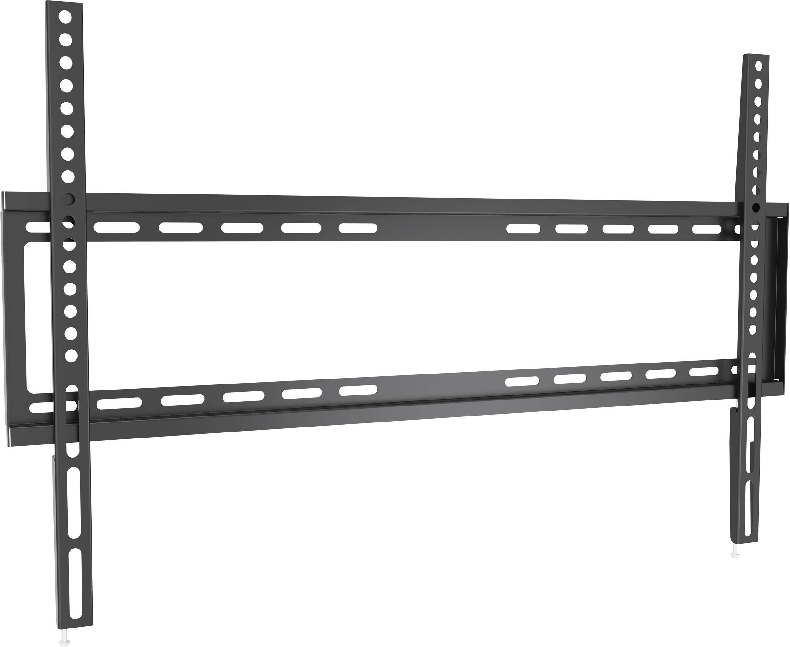 Slim, black wall mount for large TV sets with adjustable arms and multiple mounting points.