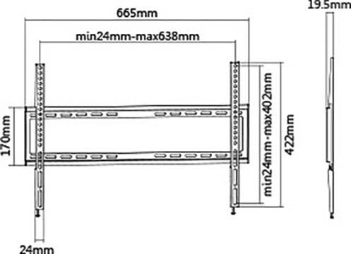 Diagram of a wall mount with dimensions: Width 665 mm, Height 170 mm. Adjustable ranges: 24–638 mm and 40–402 mm.