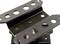Black metal angle bracket with multiple circular holes, likely a component of a mounting or support fixture.