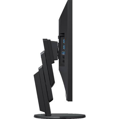 Side view of an adjustable computer monitor with four USB ports and an audio input. The stand allows for tilt and height adjustment.