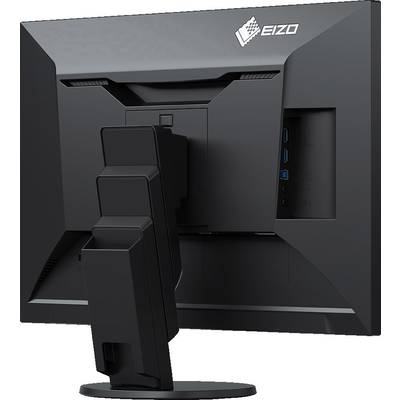 A black computer monitor viewed from the rear. USB and other connection ports are visible. The brand name 'Eizo' is located in the top left corner.